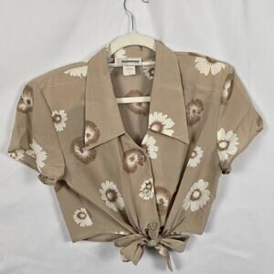 Vintage Y2K Blooming Top Size M Floral Beige Neutral Cropped Short Sleeve